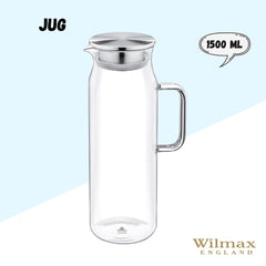 Wilmax Borosilikat-Glaskrug 1500 ml mit Edelstahl-Deckel WL-888210/A