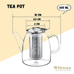Wilmax England Teekanne mit Edelstahlfilter, 600 ml, Borosilikatglas WL-888807/A