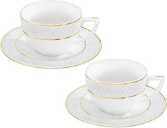 Wilmax Teetassen & Untertassen Set mit Goldlinien, 240 ml, 2er, WL-880102404/AB2