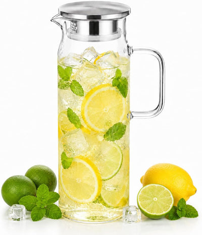 Wilmax Krug 1500 ml mit Edelstahldeckel und Filter Transparent aus Thermoglas