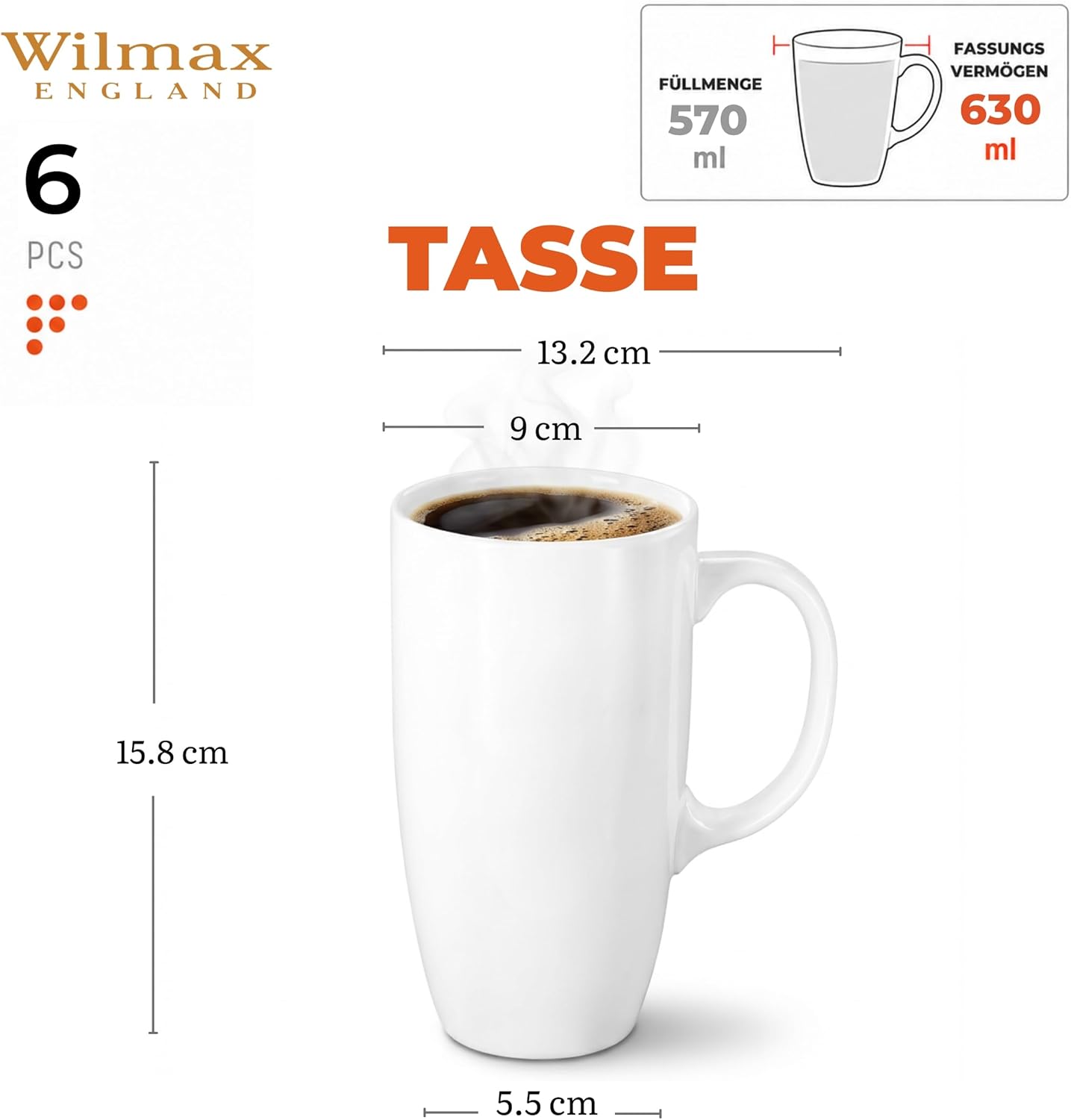Wilmax Becher 630 ml 6er-Set Weiß aus Porzellan
