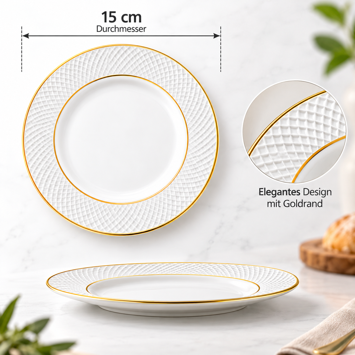 Wilmax Brotteller 15 cm 6er-Set Weiß mit Goldrand aus Porzellan