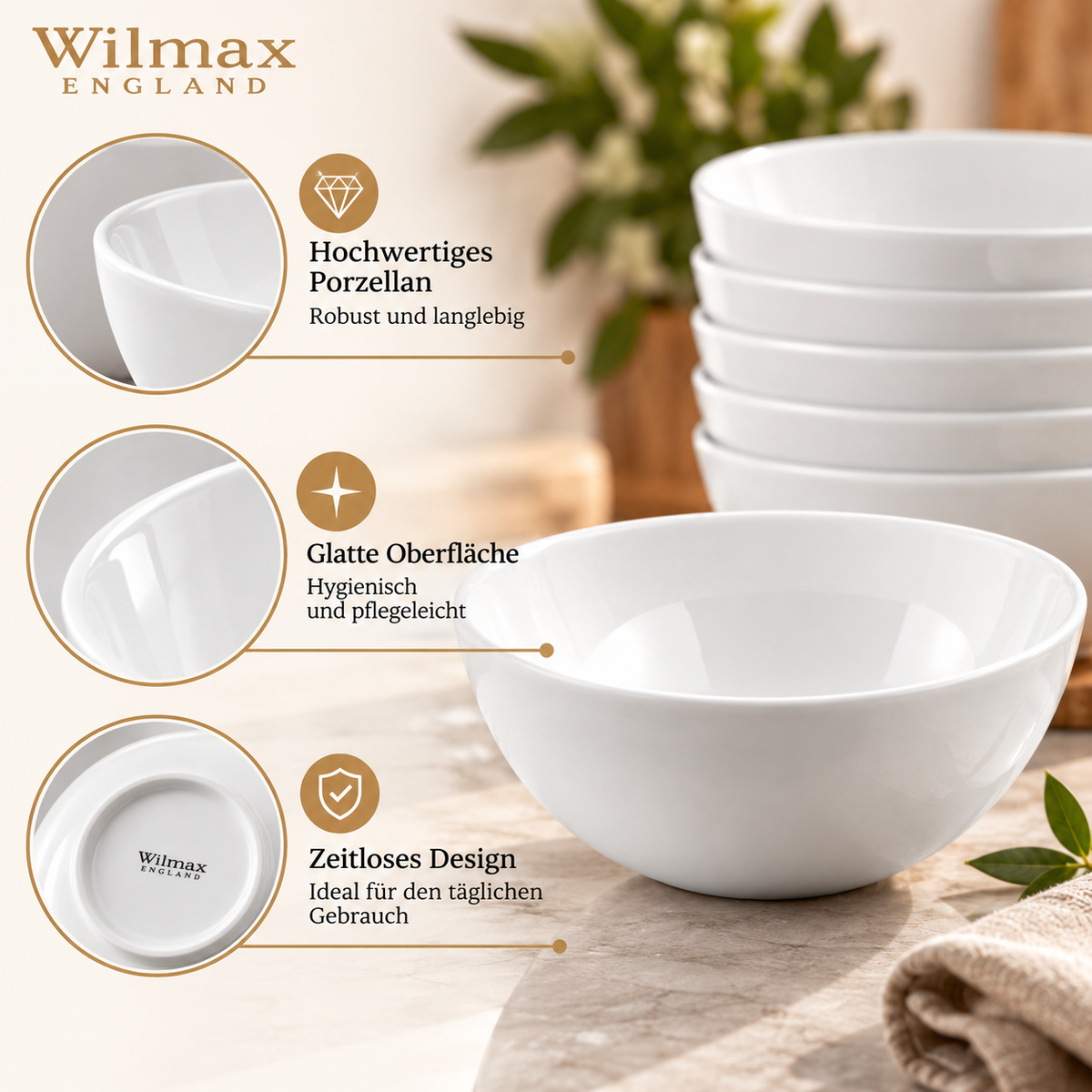 Wilmax Schale 14 cm 600 ml 6er-Set Weiß aus Porzellan