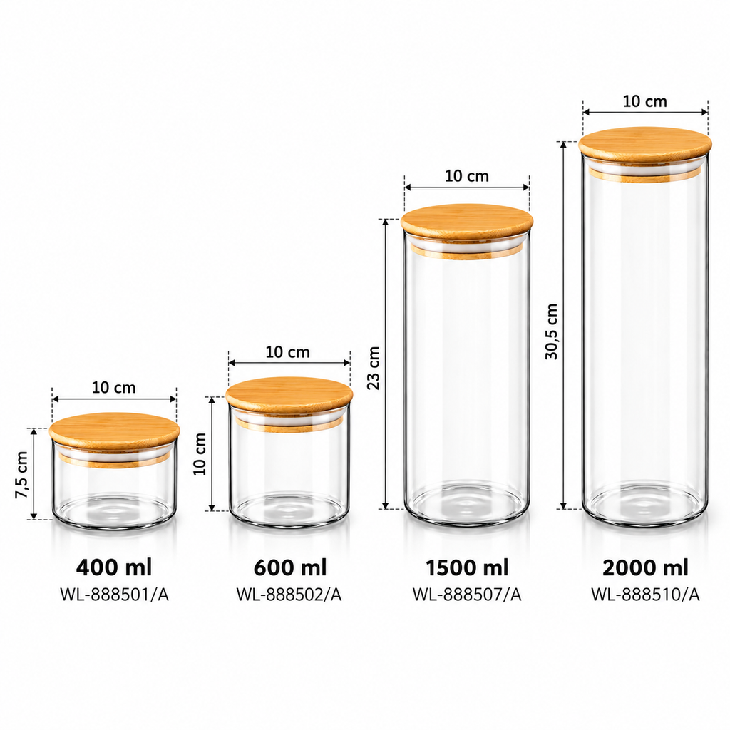 Wilmax Vorratsglas 2000 ml mit Bambusdeckel 2er-Set Transparent