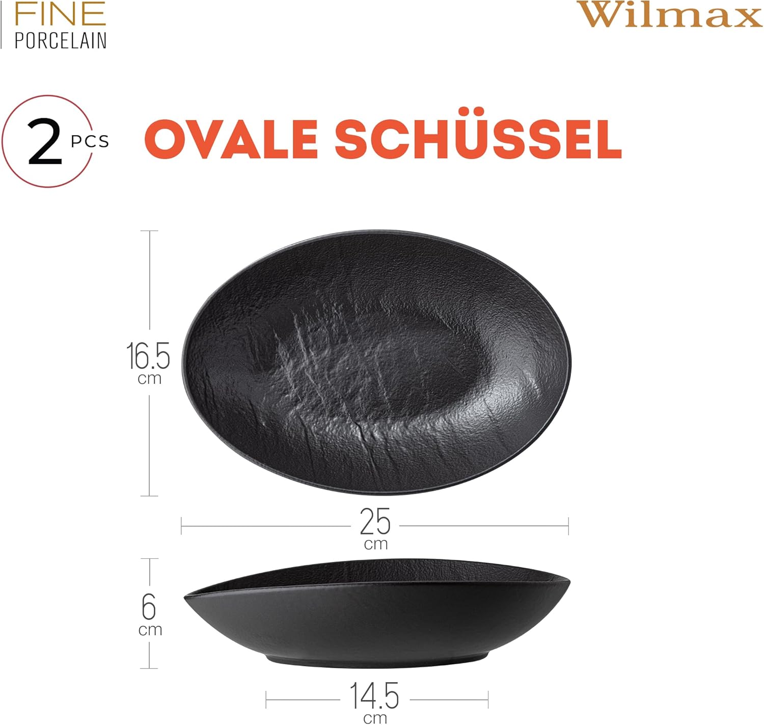 Wilmax Ovale Servierschale 25 × 16,5 × 6 cm 2er-Set Schwarz aus Porzellan