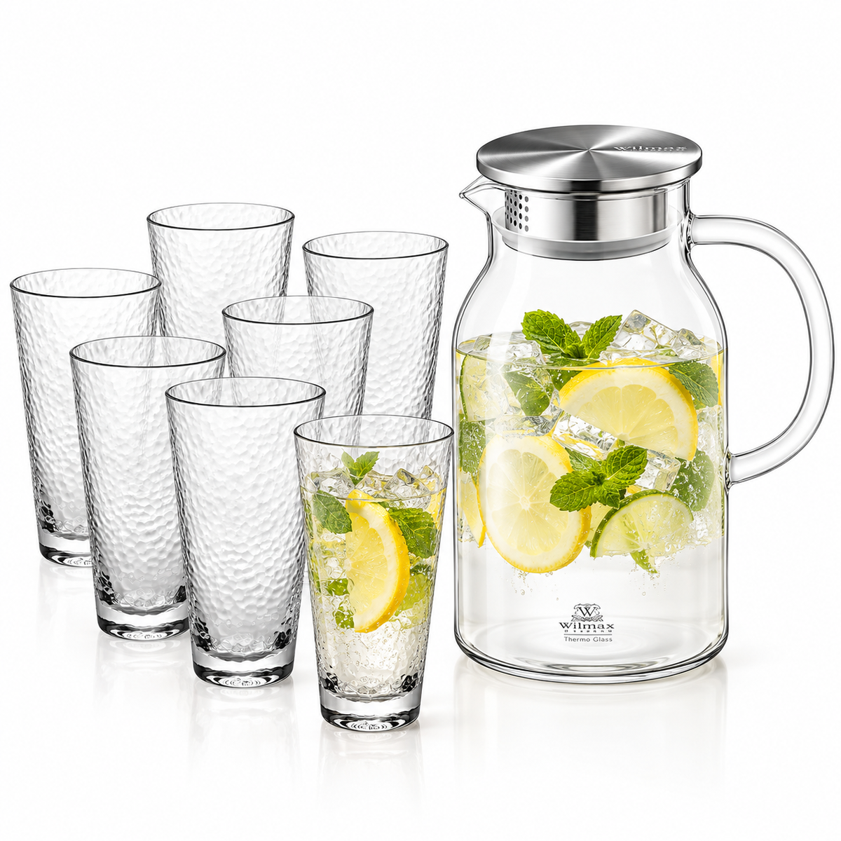 Wilmax Getränkeset 7-teilig mit Krug 2100 ml mit Edelstahldeckel und Filter und 6 gehämmerte Gläser 320 ml
