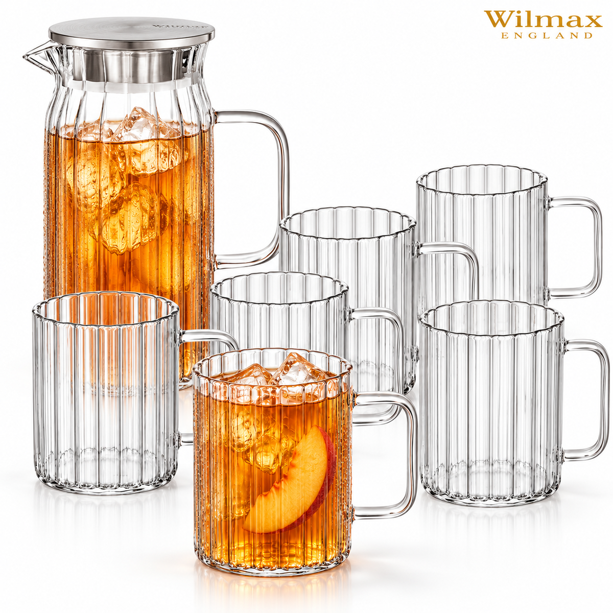 Wilmax Getränkeset 7-teilig mit Krug 1000 ml mit Edelstahldeckel und 6 hitzebeständige Glasbecher mit Henkel 300 ml aus Glas