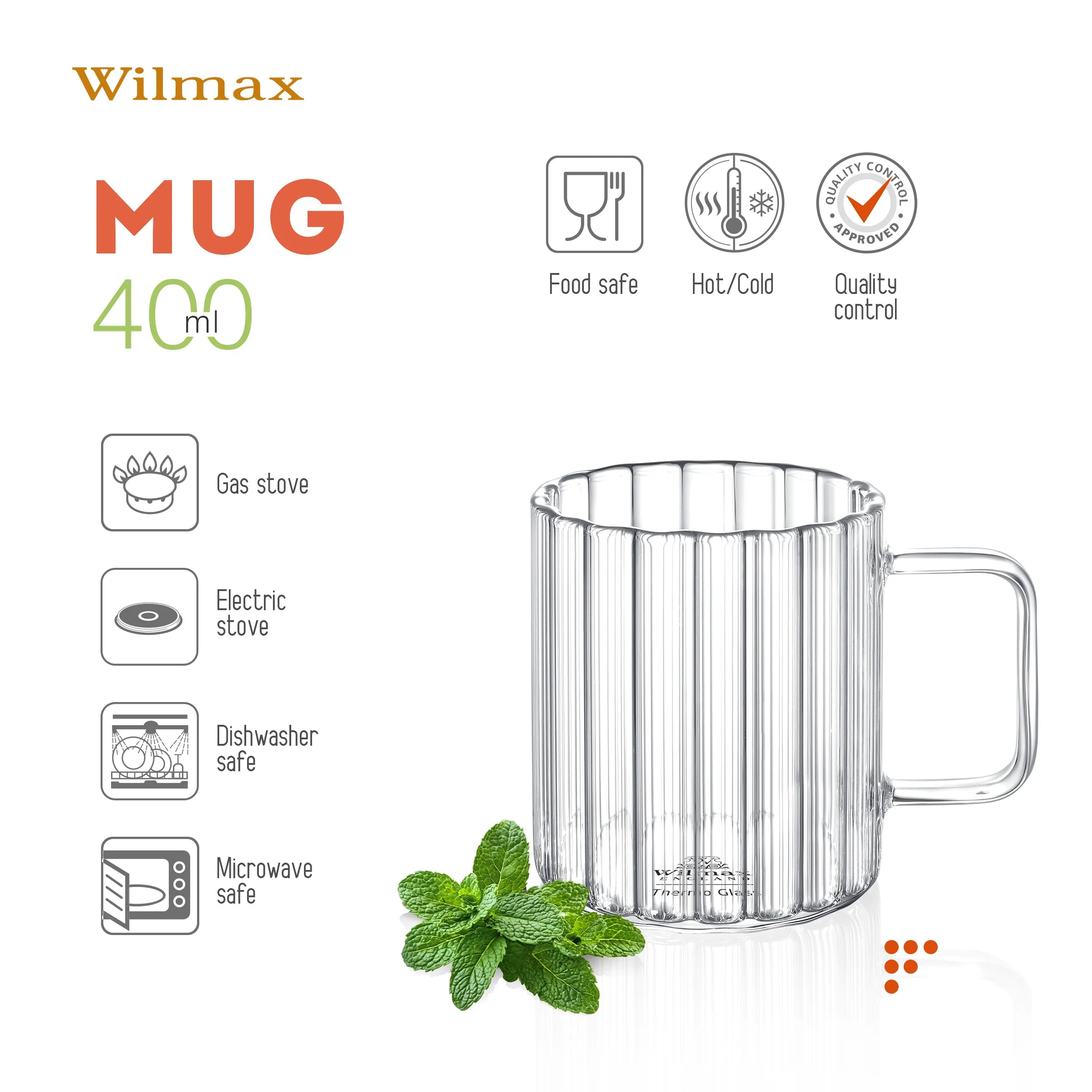 Wilmax Hitzebeständiger Glasbecher mit Henkel 400 ml Transparent aus Glas