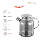 Wilmax Teekanne 1600 ml mit Federfilter und mit Edelstahldeckel Rauchgrau aus Thermoglas