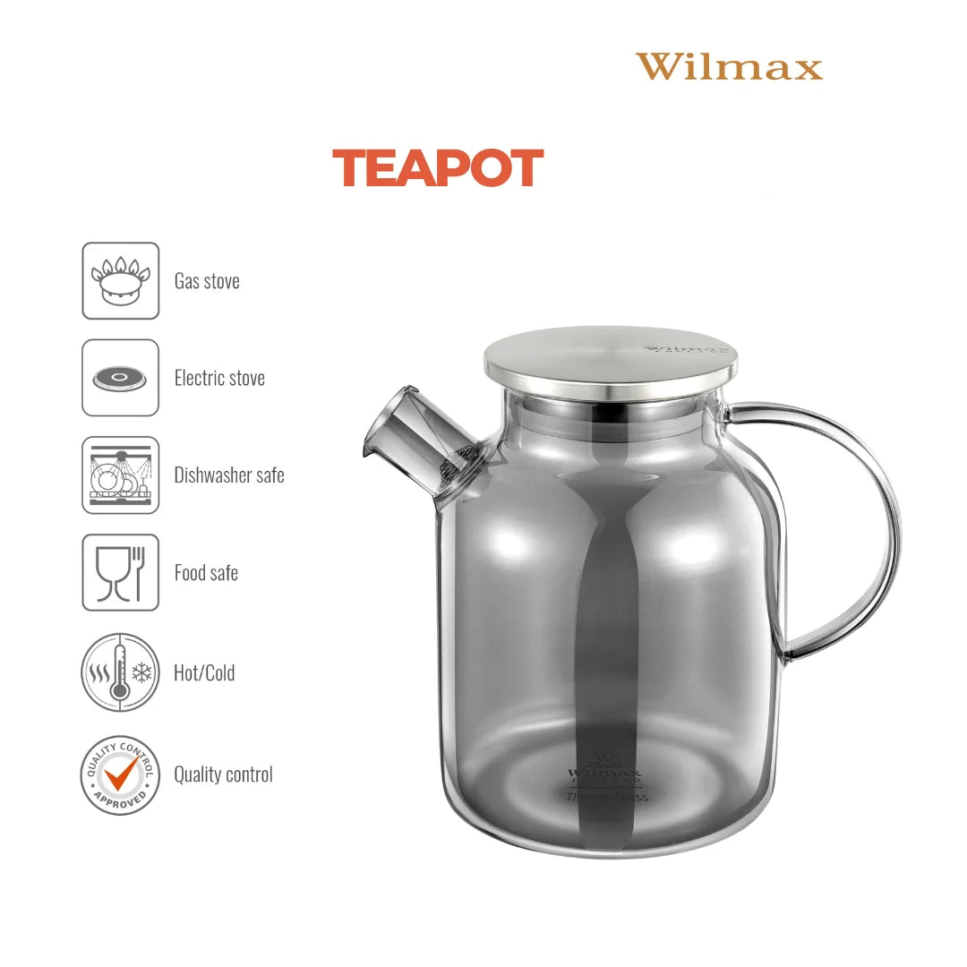 Wilmax Teekanne 1600 ml mit Federfilter und mit Edelstahldeckel Rauchgrau aus Thermoglas