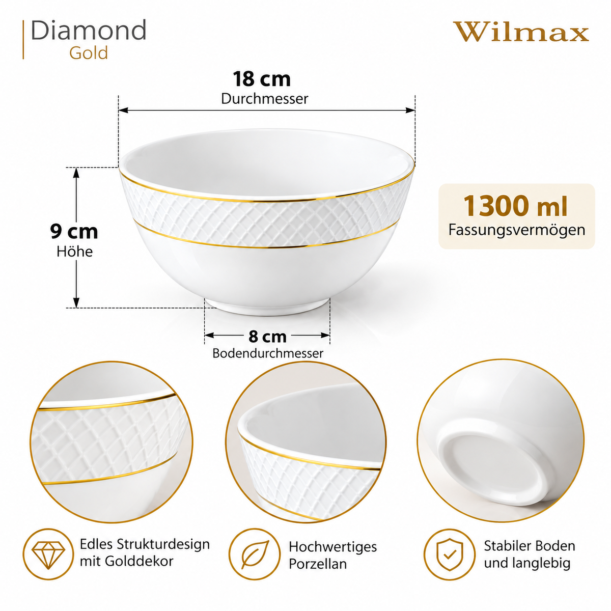 Wilmax Schale 1300 ml 18 cm 2er-Set Weiß mit Goldrand aus Porzellan