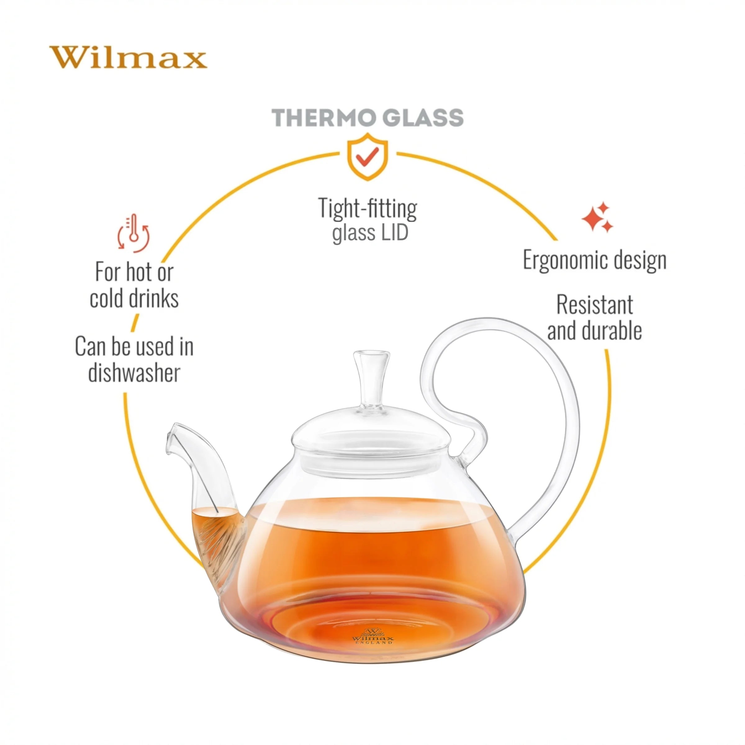Wilmax Teekanne 800 ml mit Federfilter und Glasdeckel Transparent aus Thermoglas