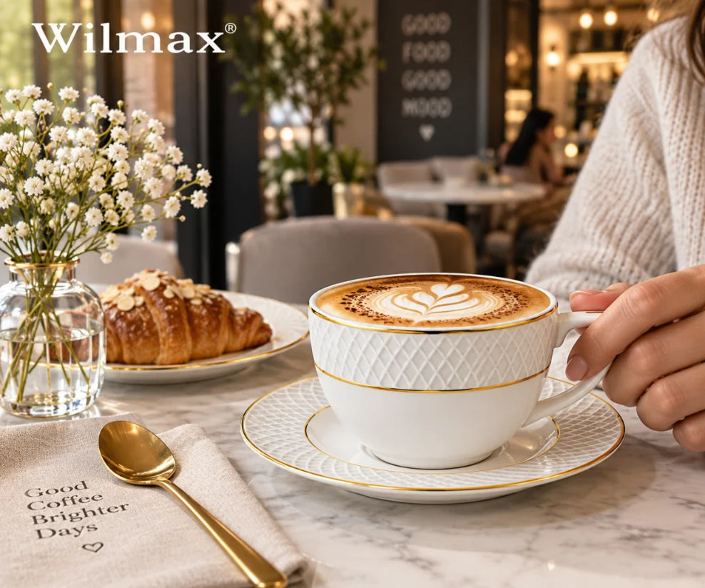 Wilmax Tasse mit Untertasse 240 ml Weiß mit Golddekor aus Porzellan