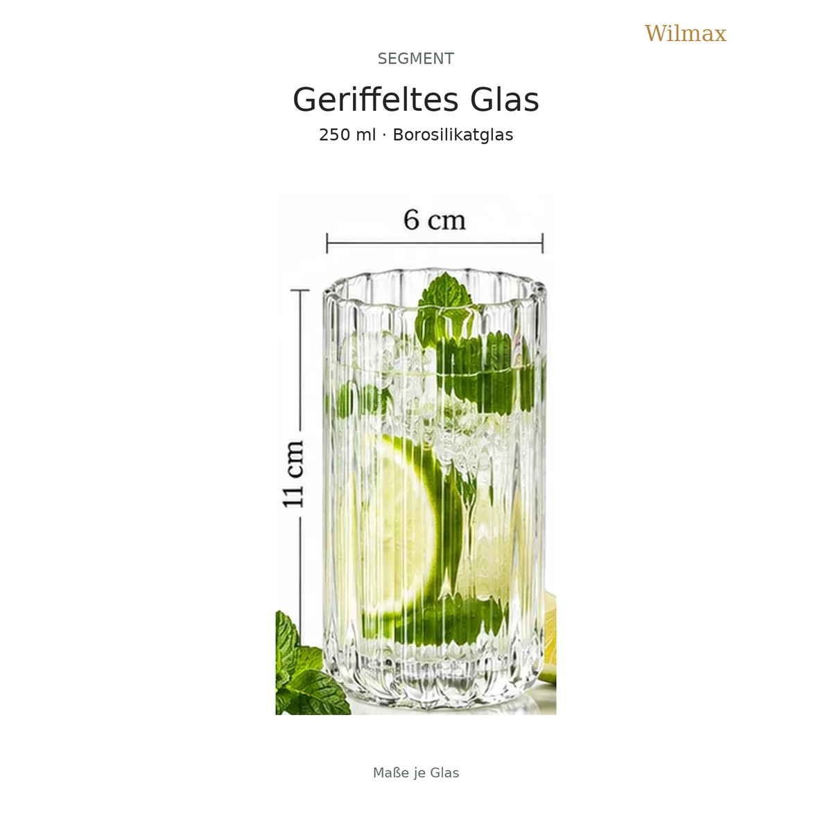 Wilmax Geriffeltes Glas 250 ml 6er-Set Transparent aus Borosilikatglas