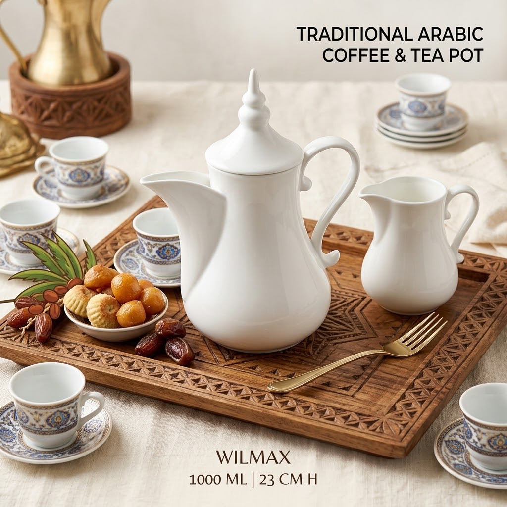 Wilmax Arabische Kaffee- und Teekanne mit integriertem Ausgusssieb 1000 ml Weiß aus Porzellan