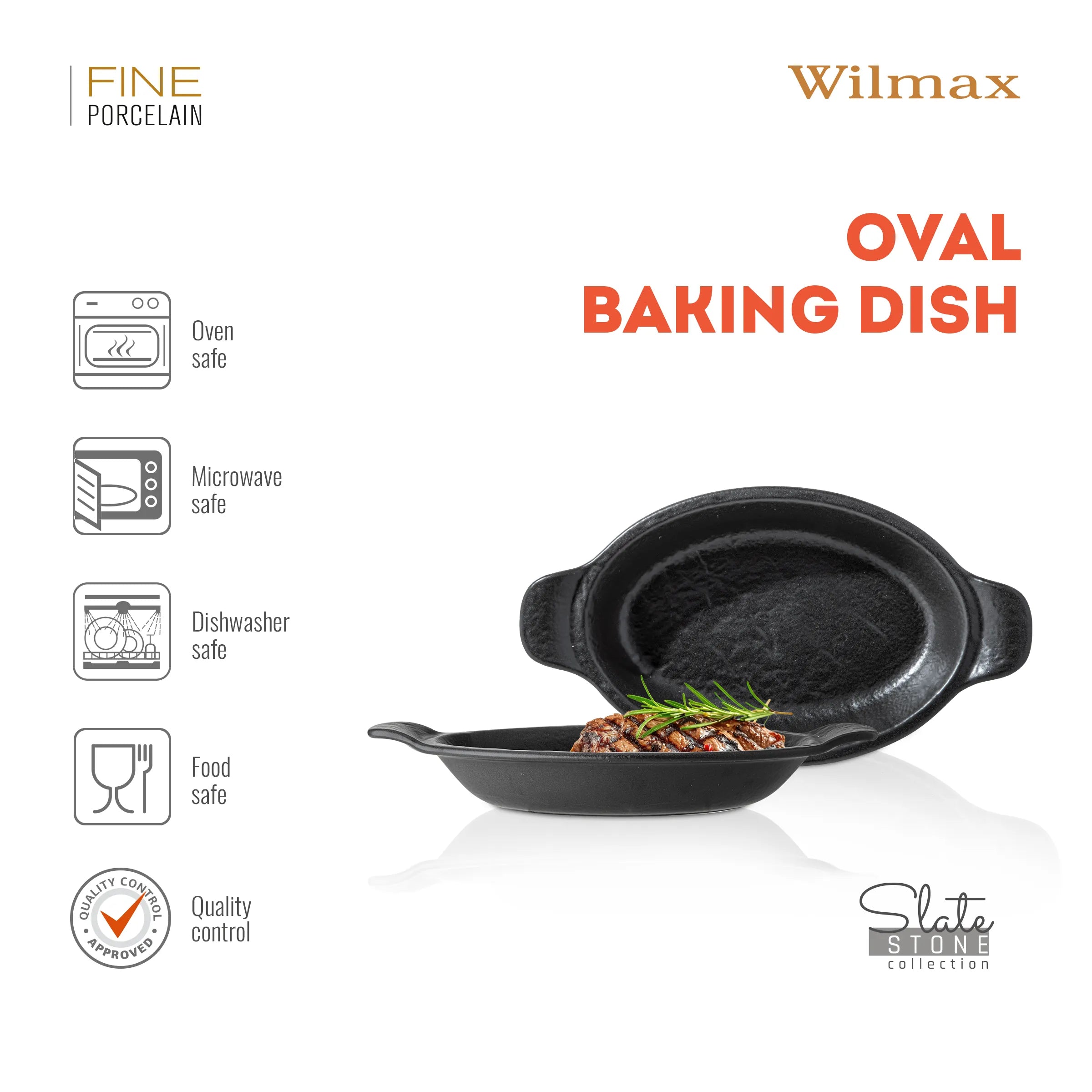 Wilmax Ovale Auflaufform 28 × 16 cm 500 ml Schwarz aus Porzellan