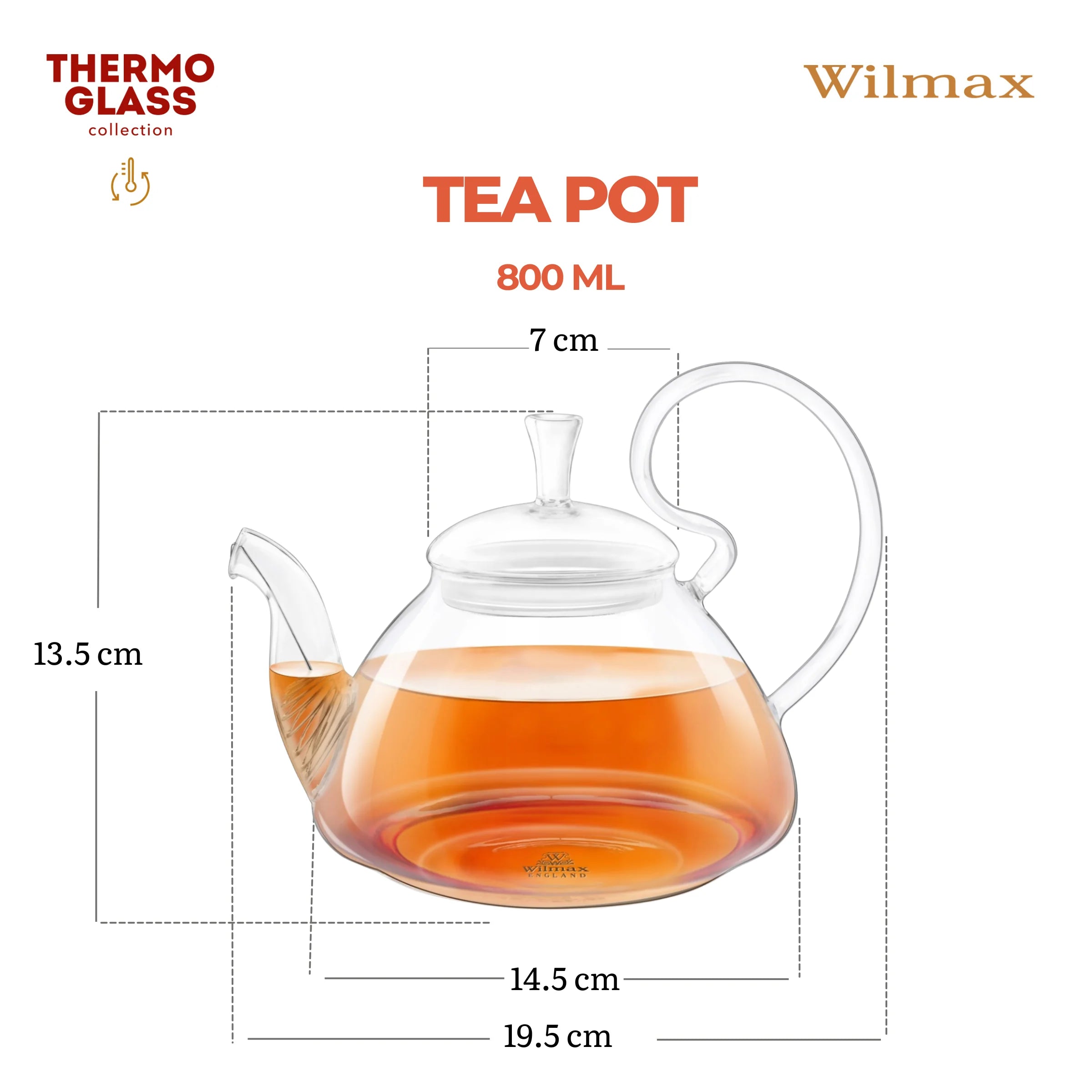 Wilmax Teekanne 800 ml mit Federfilter und Glasdeckel Transparent aus Thermoglas