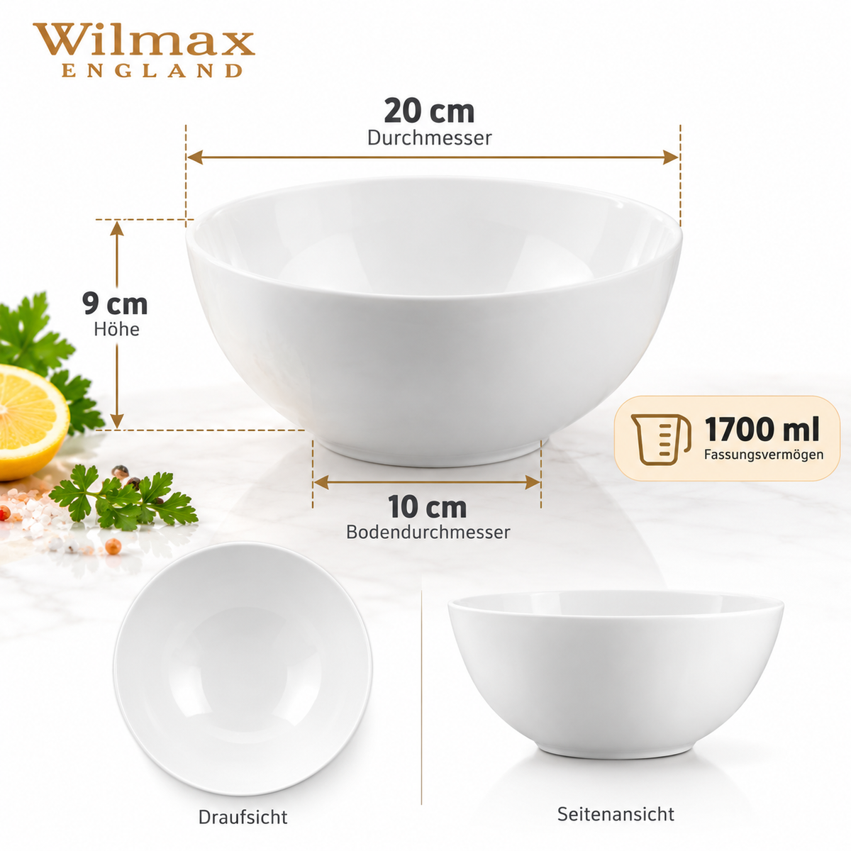 Wilmax Schale 20 cm 1700 ml 2er-Set Weiß aus Porzellan