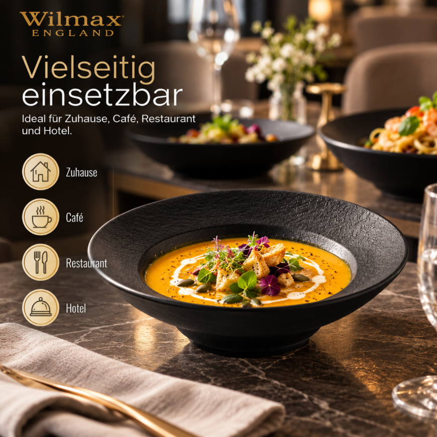 Wilmax Tiefer Teller 22,5 cm 1100 ml Schwarz aus Porzellan