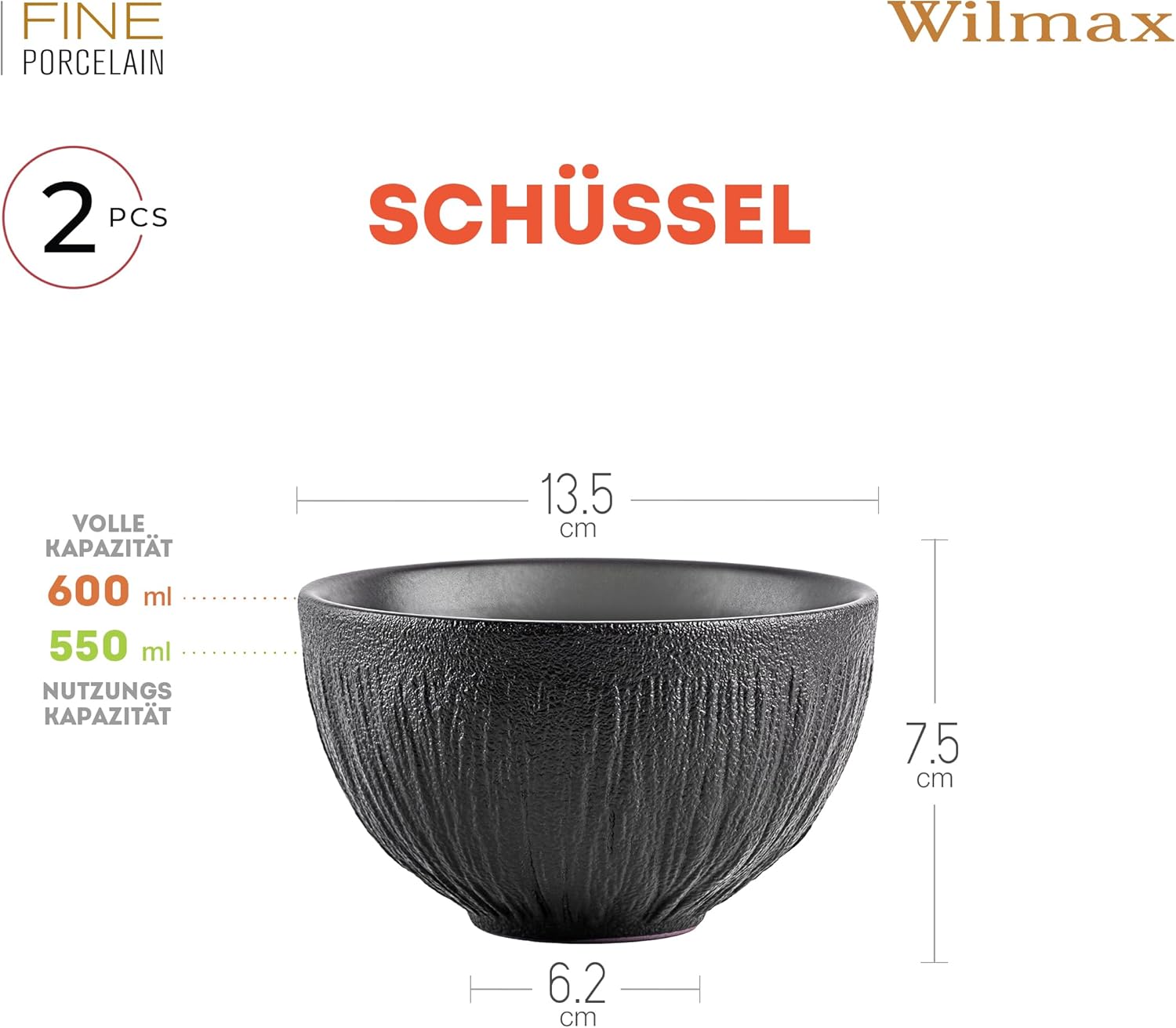 Wilmax Schale 600 ml 2er-Set Schwarz aus Porzellan