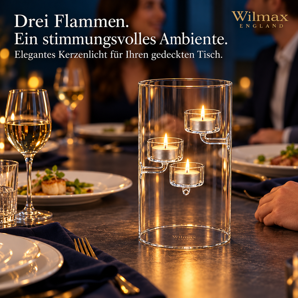 Wilmax Teelichthalter für 3 Teelichter 20 cm Transparent aus Glas