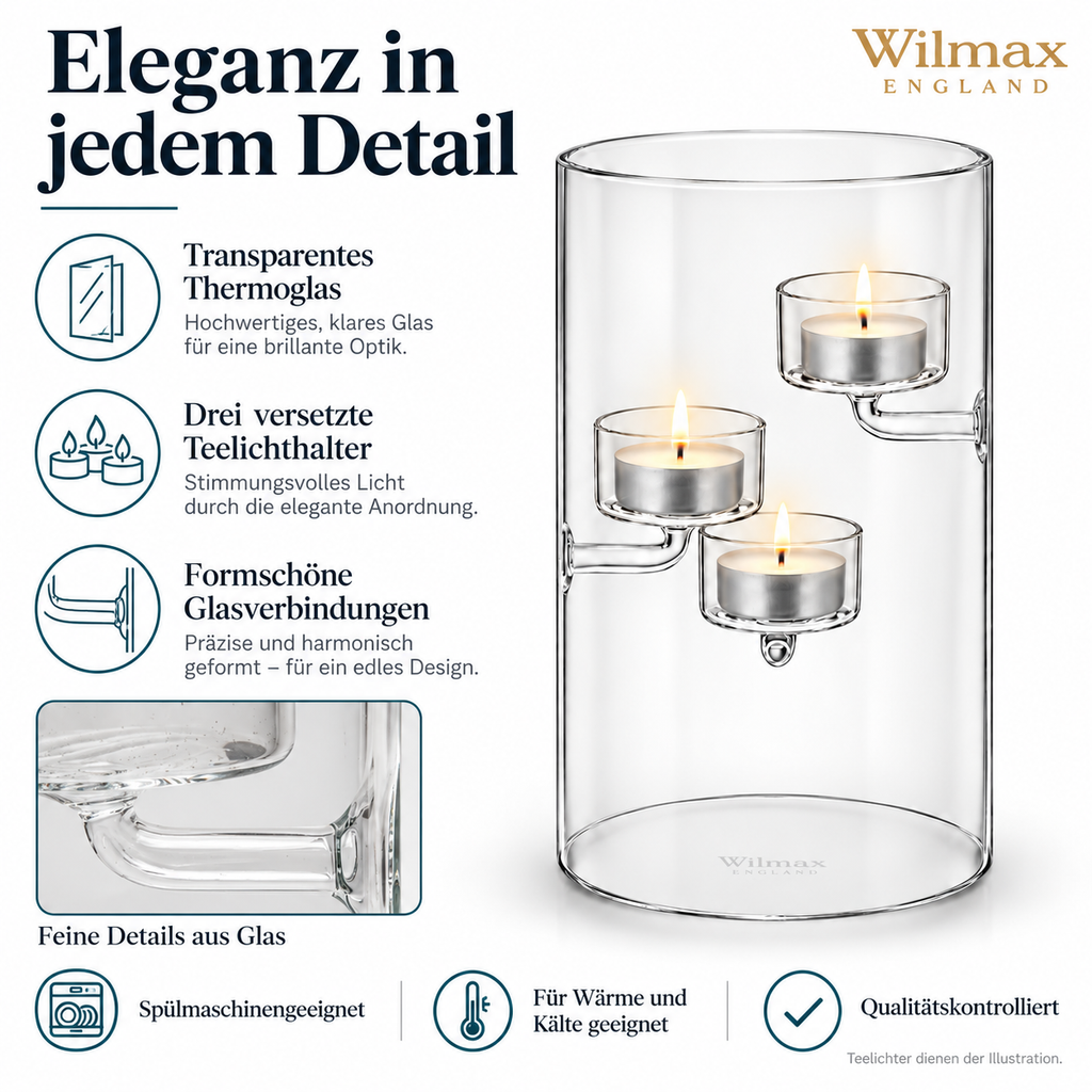 Wilmax Teelichthalter für 3 Teelichter 20 cm Transparent aus Glas