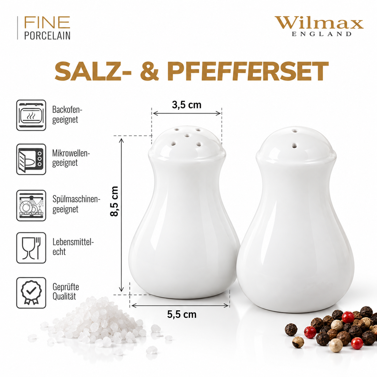 Wilmax Salz- und Pfefferstreuer 2-teilig Weiß aus Porzellan