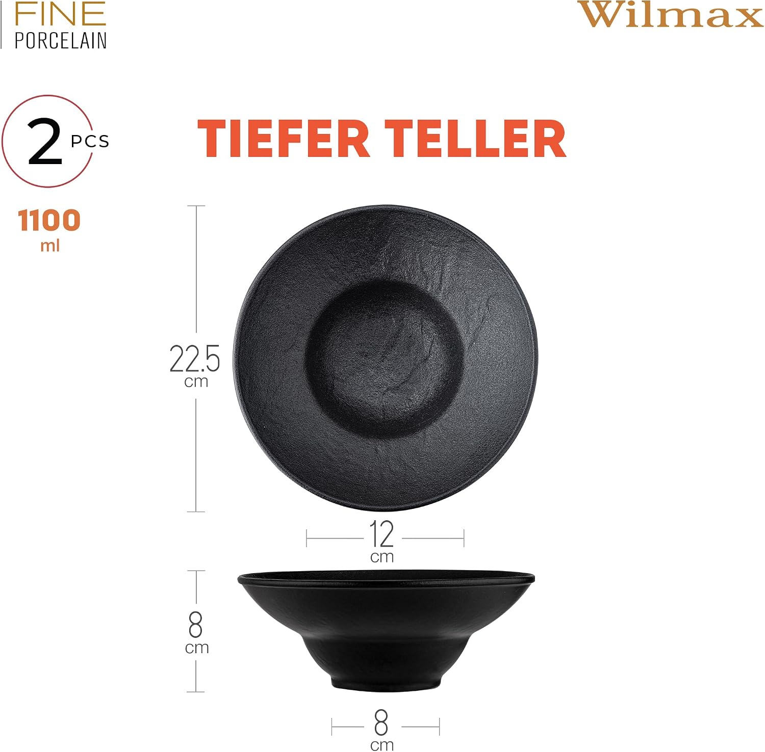 Wilmax Tiefer Teller 22,5 cm 1100 ml 2er-Set Schwarz aus Porzellan