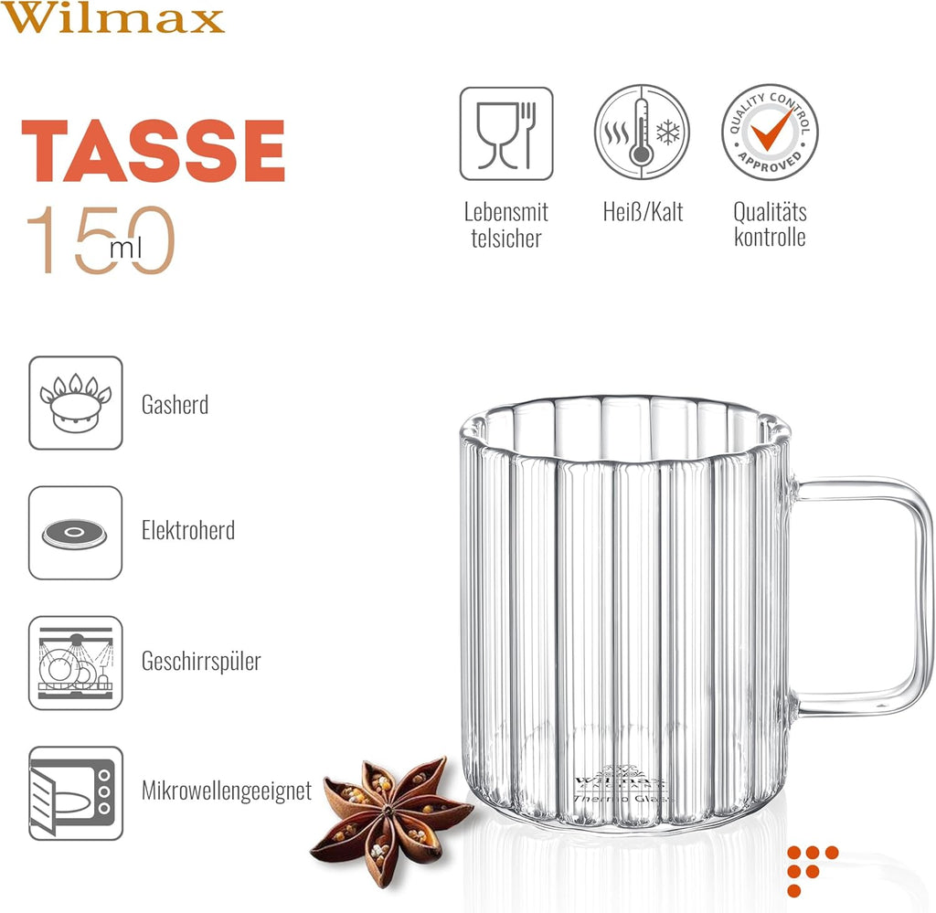 Wilmax Hitzebeständiger Glasbecher mit Henkel 150 ml Transparent aus Glas