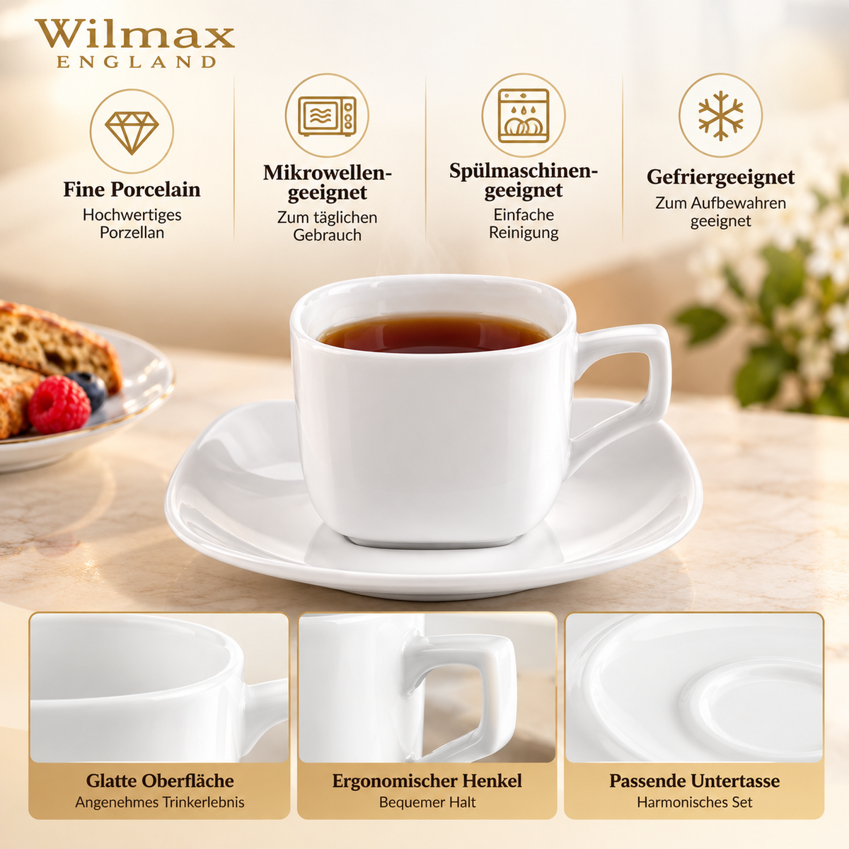 Wilmax Tasse mit Untertasse 200 ml quadratisch Weiß aus Porzellan