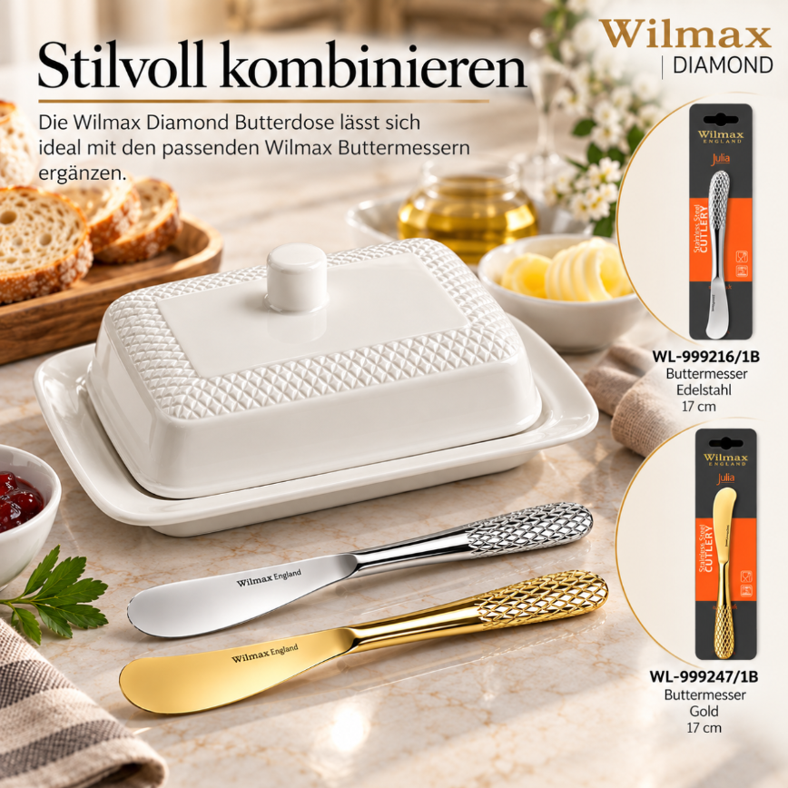 Wilmax Butterdose mit Deckel 18,5 × 12,5 × 7,5 cm Weiß aus Porzellan