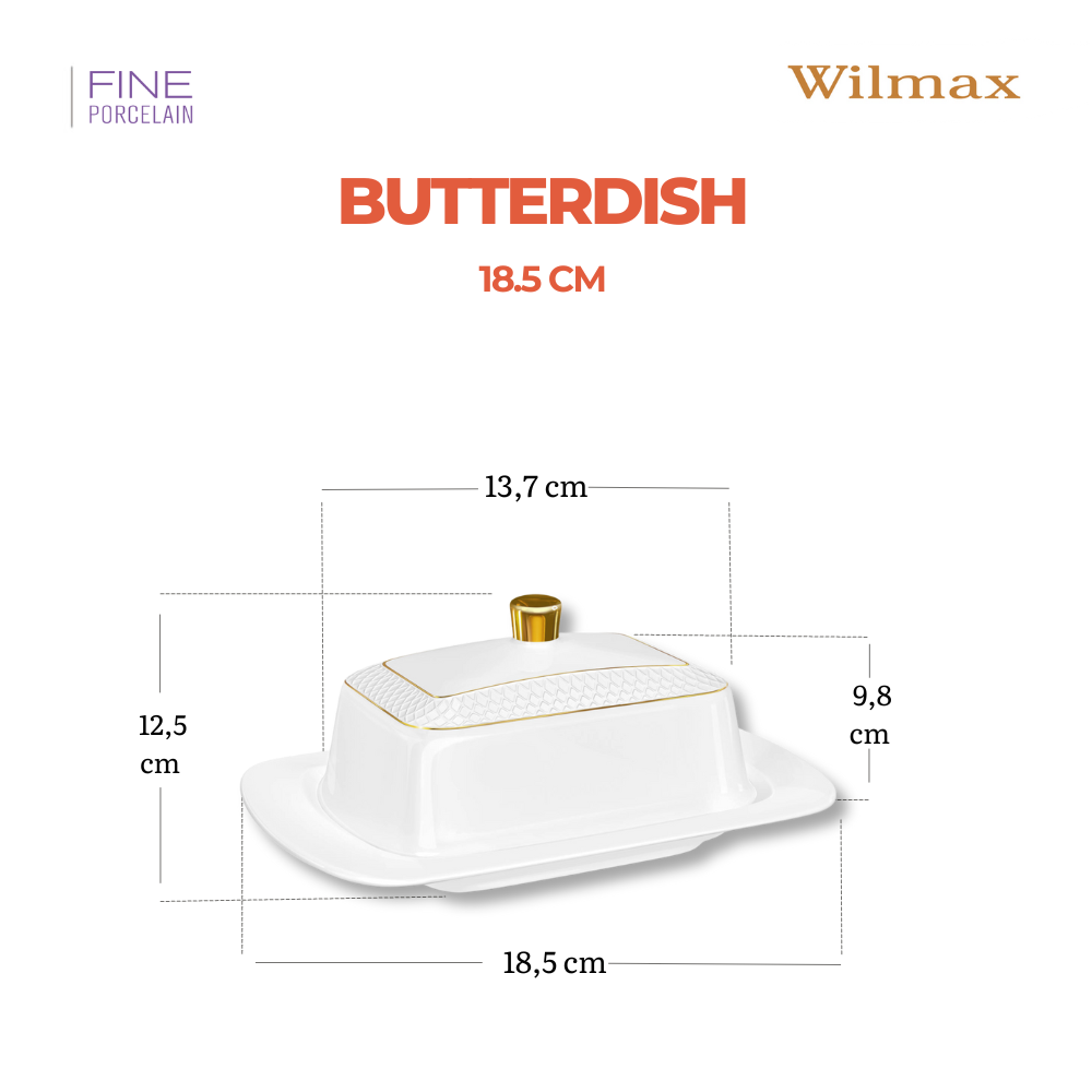 Wilmax Butterdose 18,5 × 12,5 × 7,5 cm Weiß mit Goldrand aus Porzellan