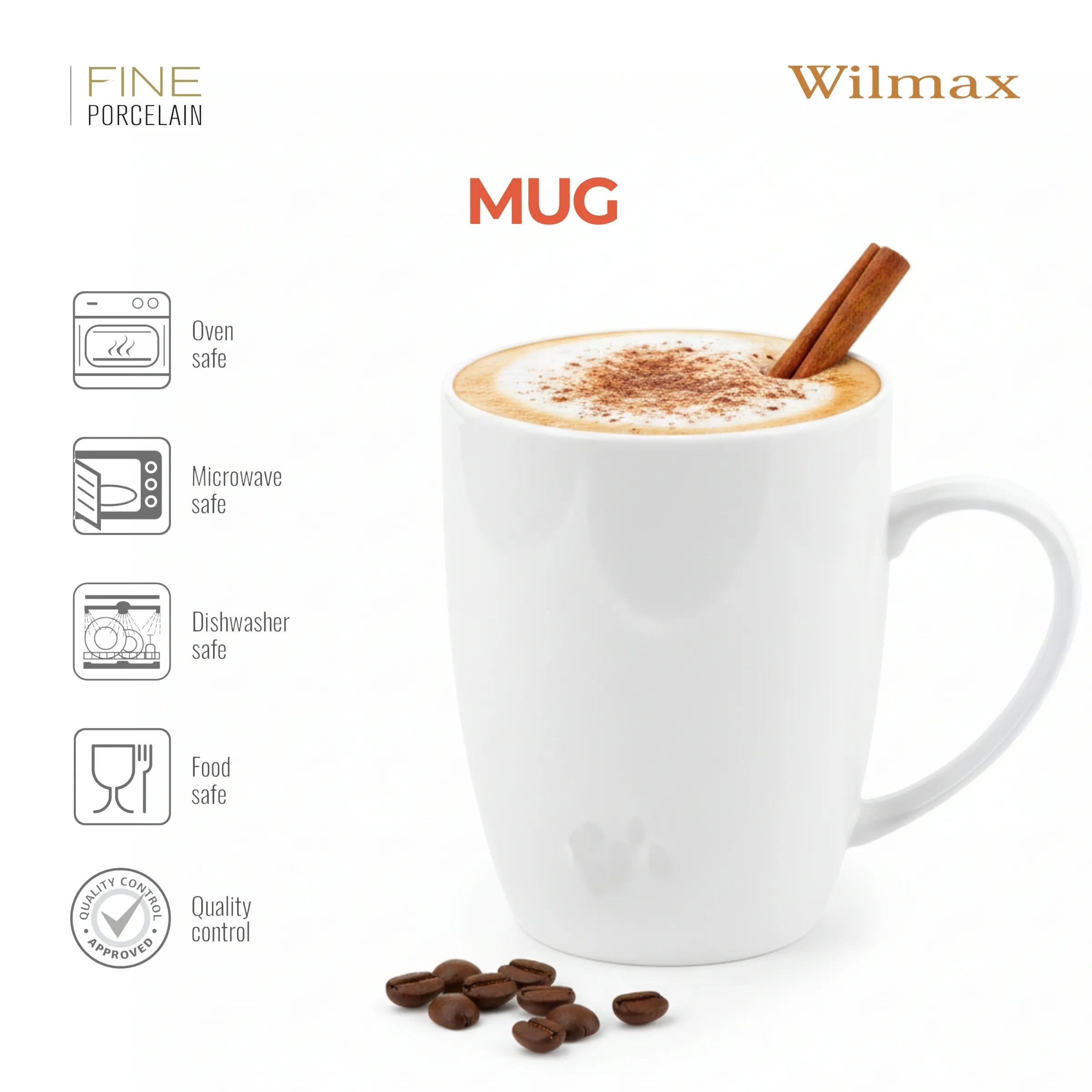 Wilmax Tasse 460 ml 6er-Set Weiß aus Porzellan