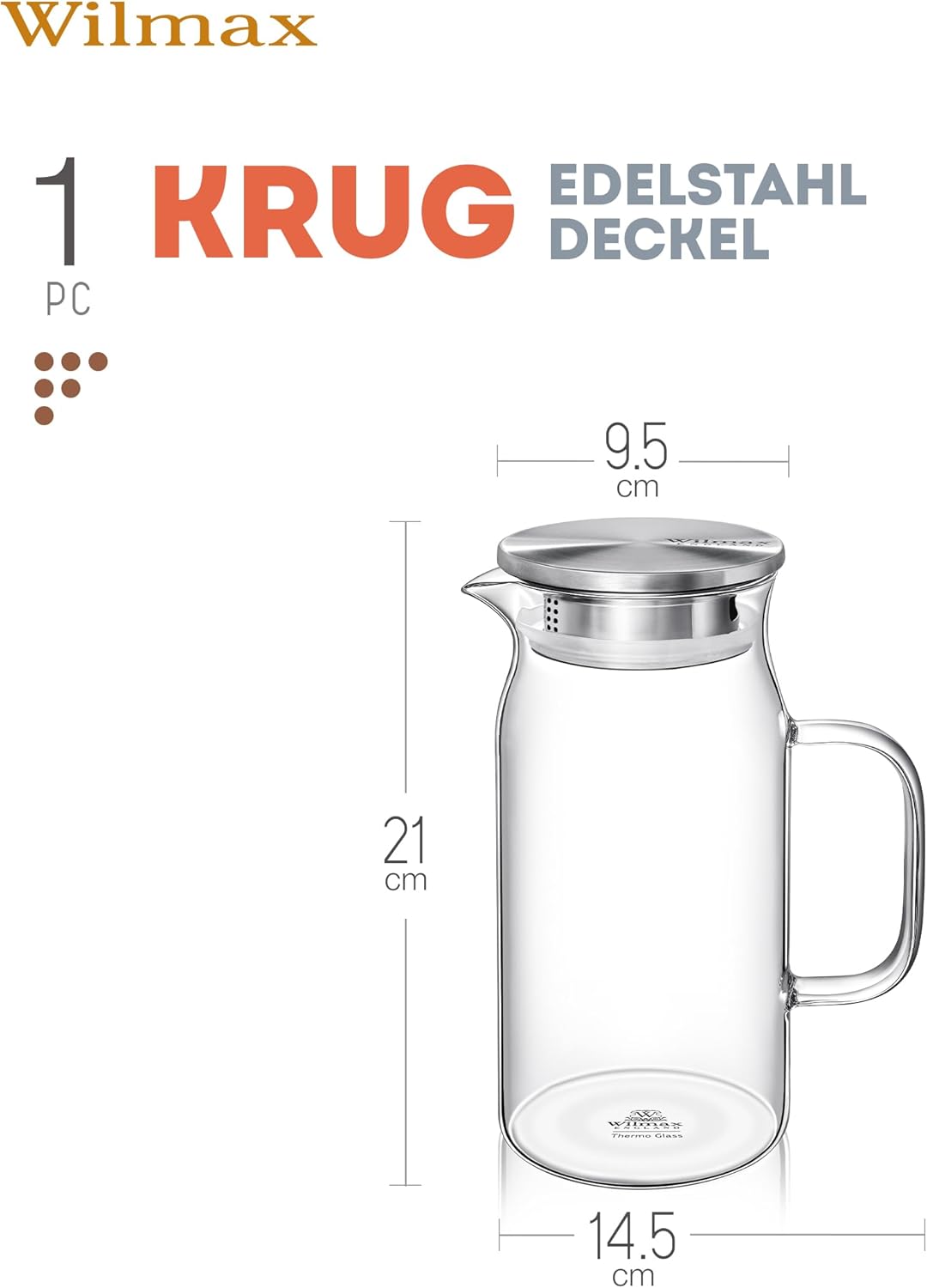 Wilmax Krug 1000 ml mit Edelstahldeckel Transparent aus Thermoglas