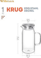 Wilmax Krug 1000 ml mit Edelstahldeckel Transparent aus Thermoglas