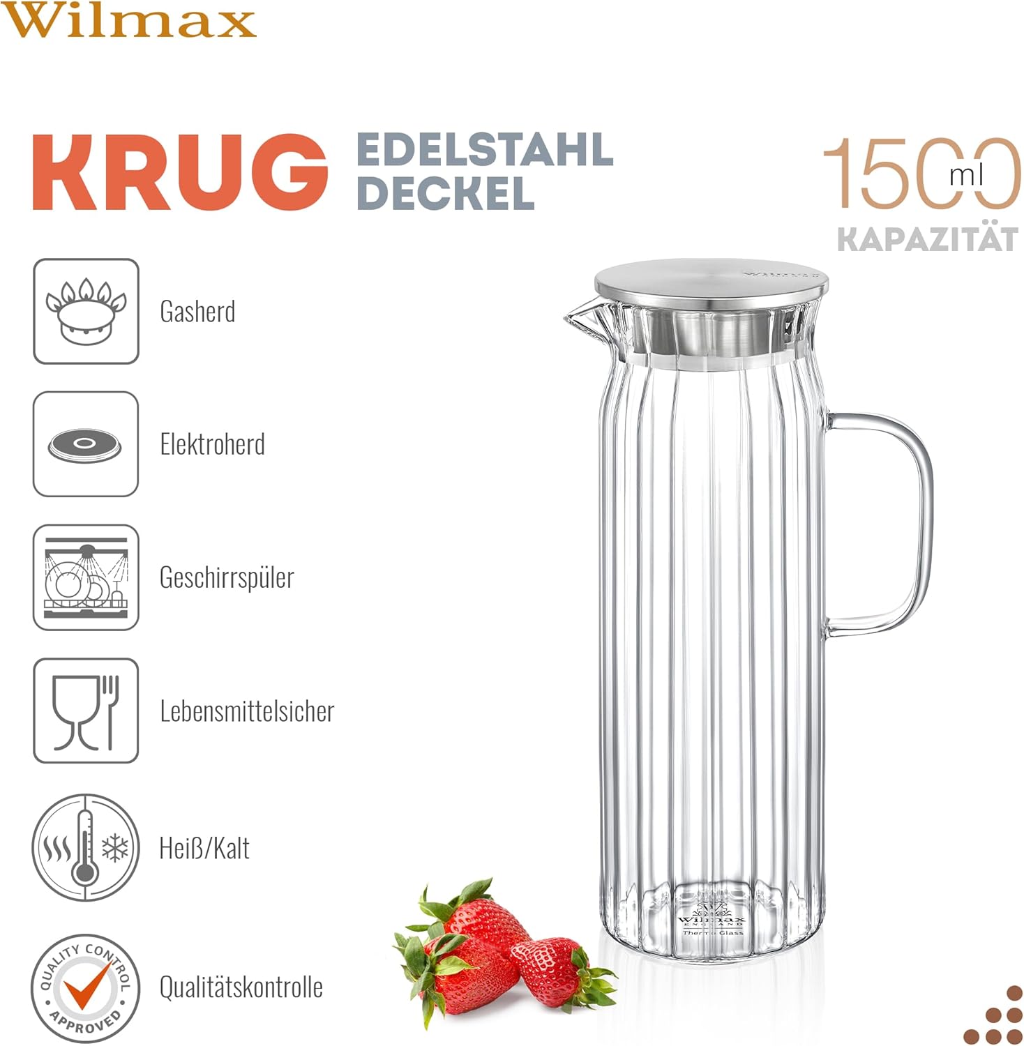 Wilmax Krug 1500 ml mit Edelstahldeckel Transparent aus Thermoglas