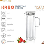 Wilmax Krug 1500 ml mit Edelstahldeckel Transparent aus Thermoglas