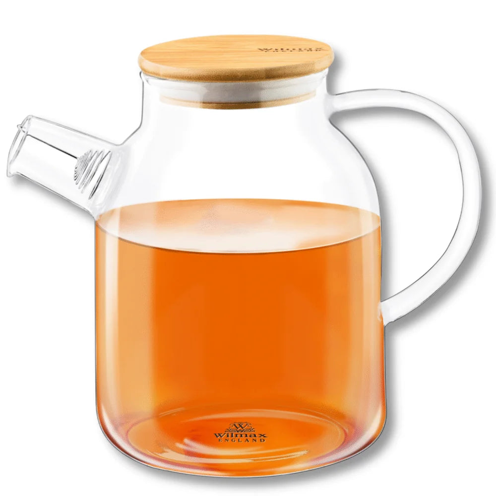 Wilmax Teekanne 1100 ml mit Federfilter und Bambusdeckel Transparent aus Thermoglas