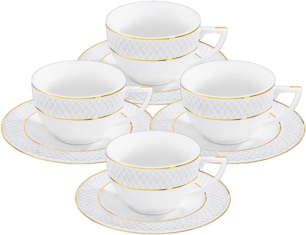 Wilmax Cappuccinotasse mit Untertasse 170 ml 4er-Set Weiß mit goldfarbenem Dekor aus Porzellan