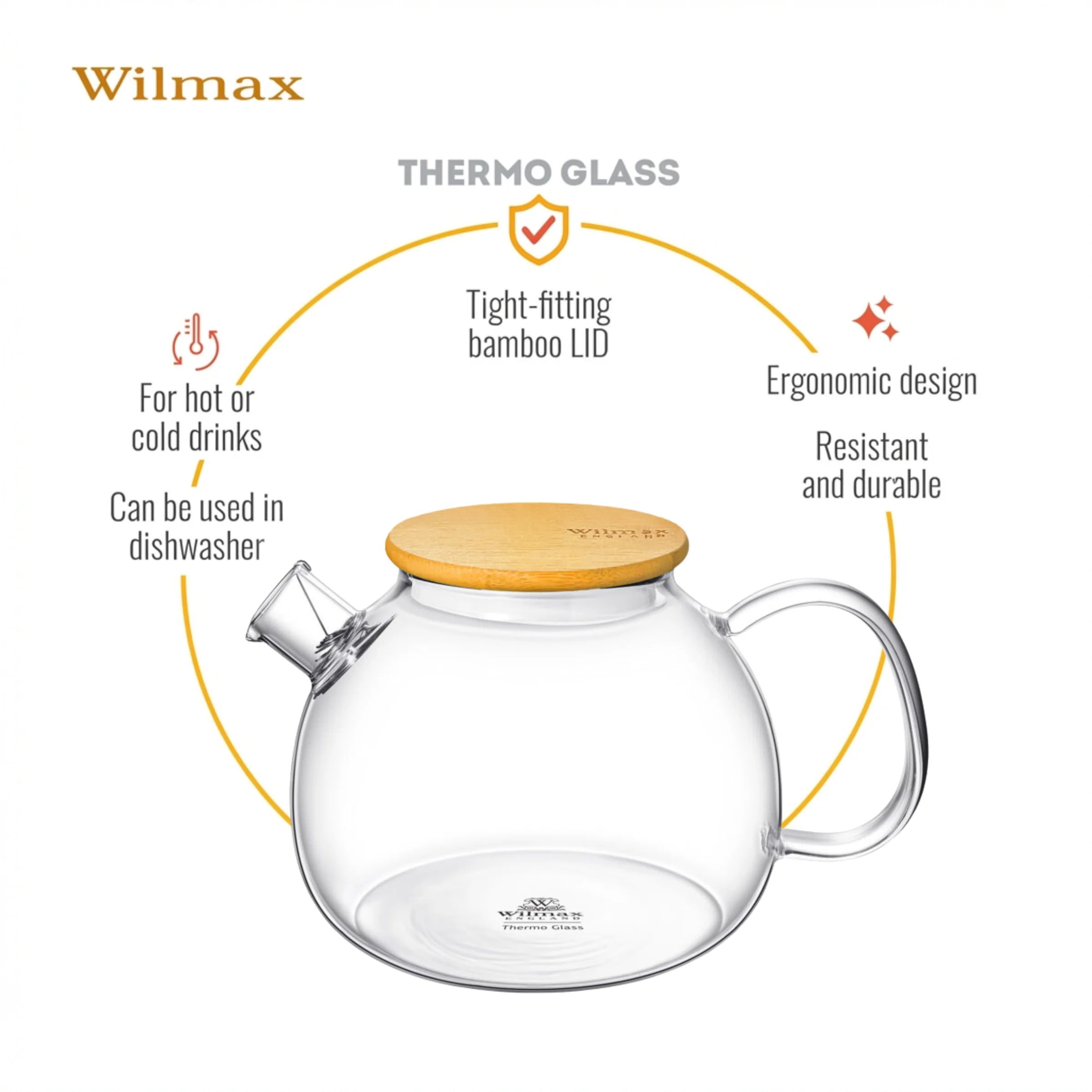 Wilmax Teekanne 1500 ml mit Federfilter und Bambusdeckel Transparent aus Thermoglas