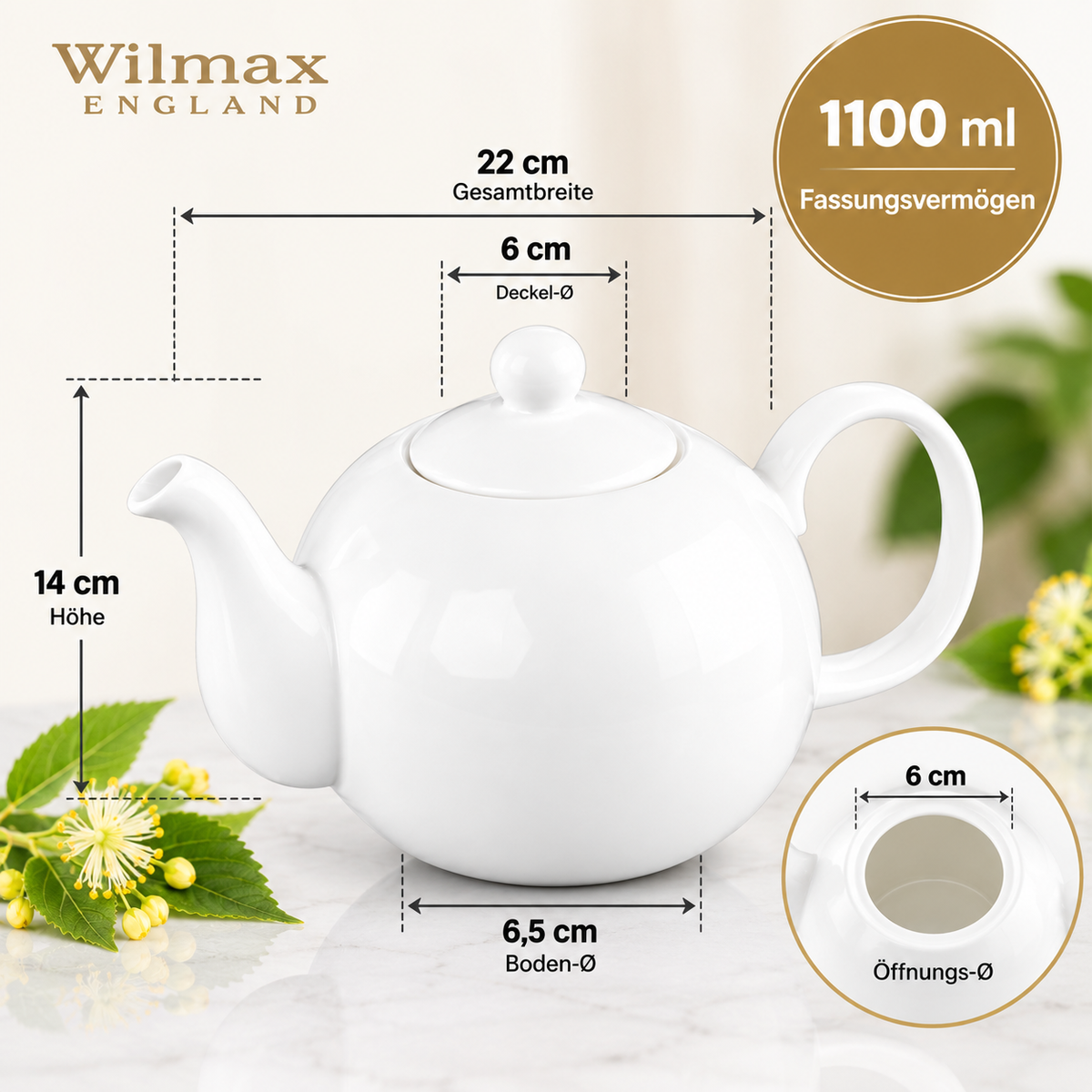 Wilmax Kaffee- und Teekanne mit integriertem Ausgusssieb 1100 ml Weiß aus Porzellan