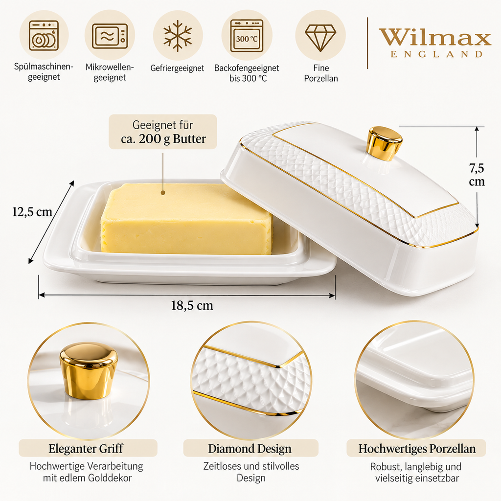 Wilmax Butterdose 18,5 × 12,5 × 7,5 cm Weiß mit Goldrand aus Porzellan