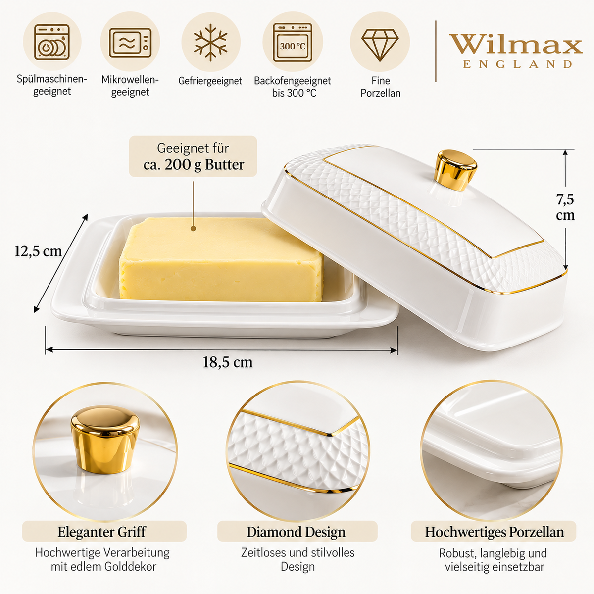 Wilmax Butterdose 18,5 × 12,5 × 7,5 cm Weiß mit Goldrand aus Porzellan