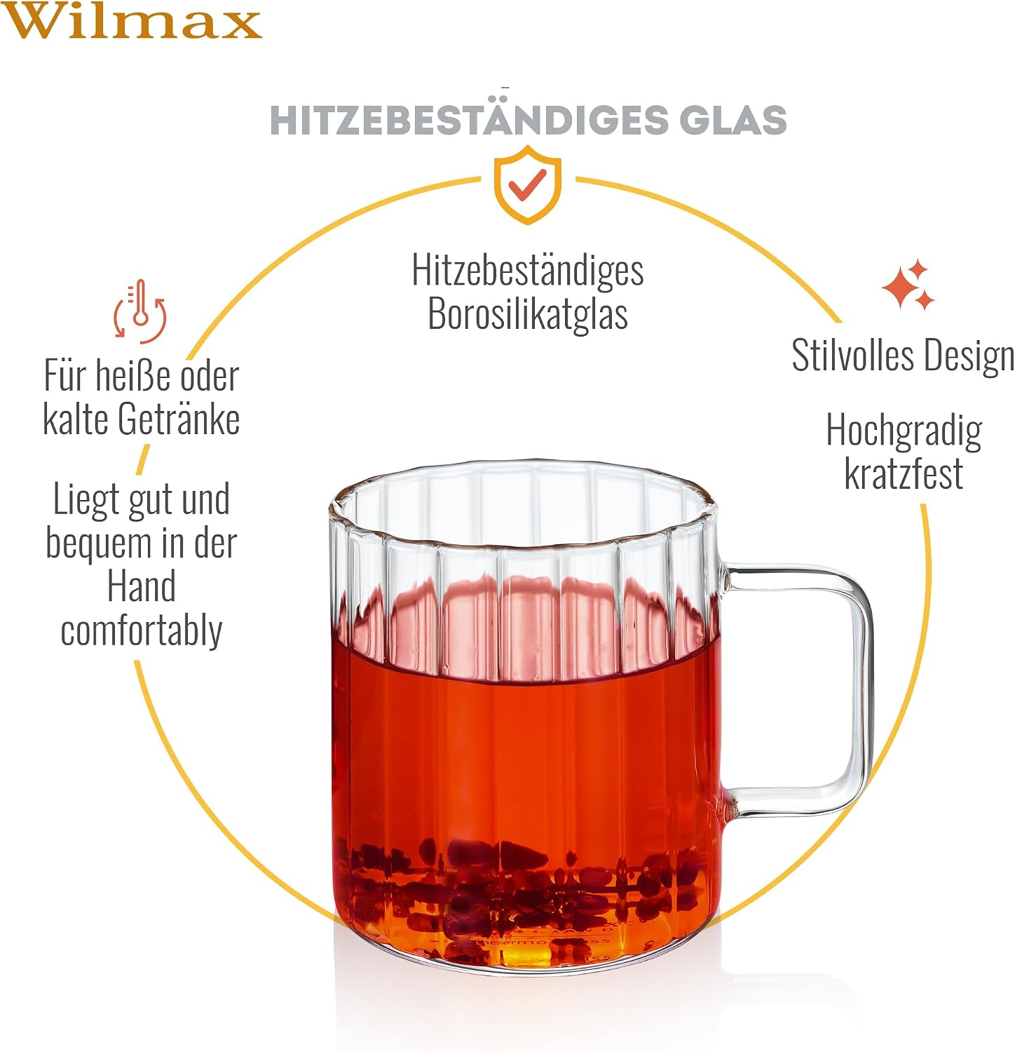 Wilmax Hitzebeständiger Glasbecher mit Henkel 150 ml Transparent aus Glas