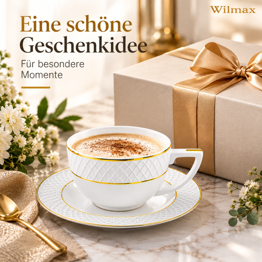 Wilmax Cappuccinotasse mit Untertasse 170 ml 4er-Set Weiß mit goldfarbenem Dekor aus Porzellan