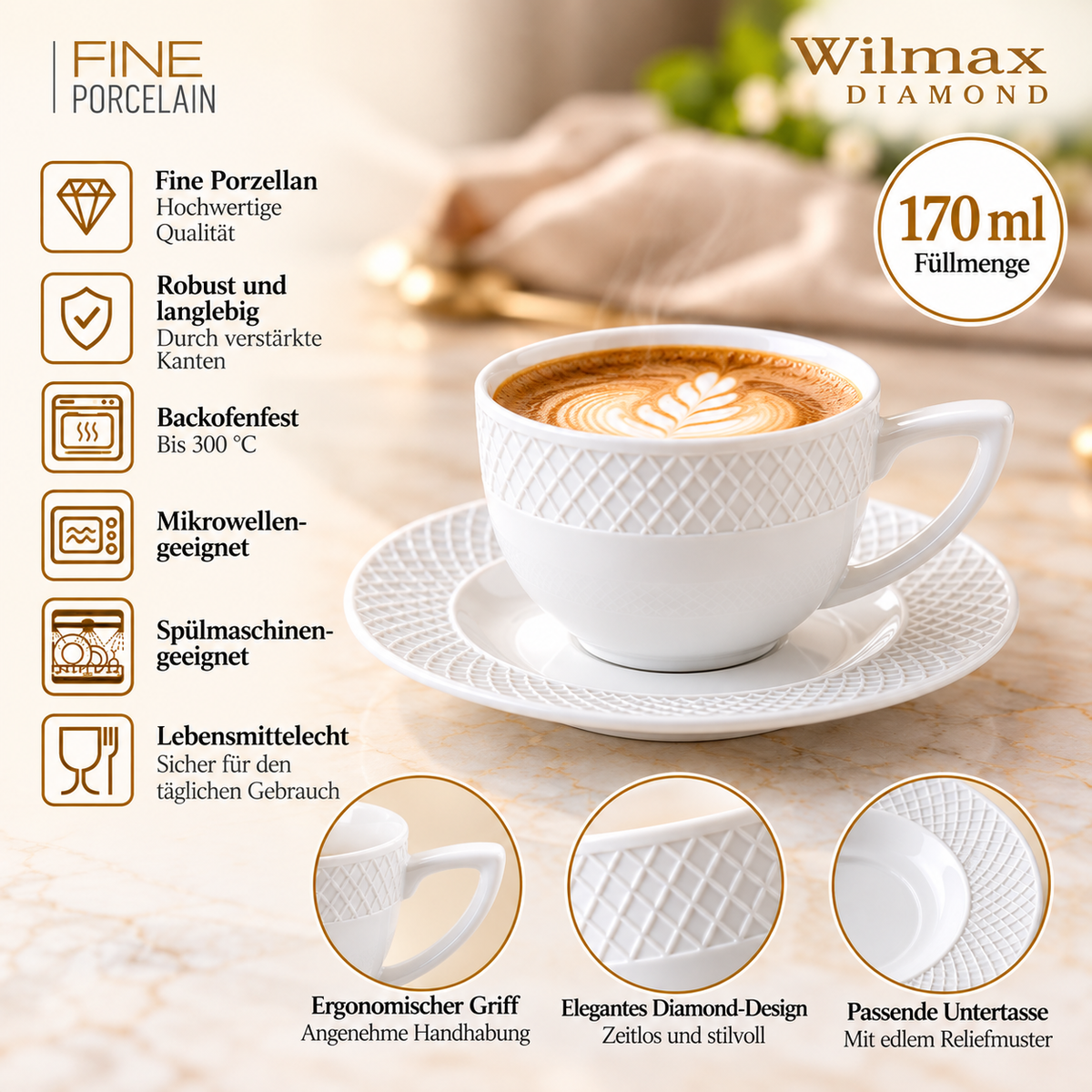 Wilmax Tasse mit Untertasse 170 ml Weiß aus Porzellan