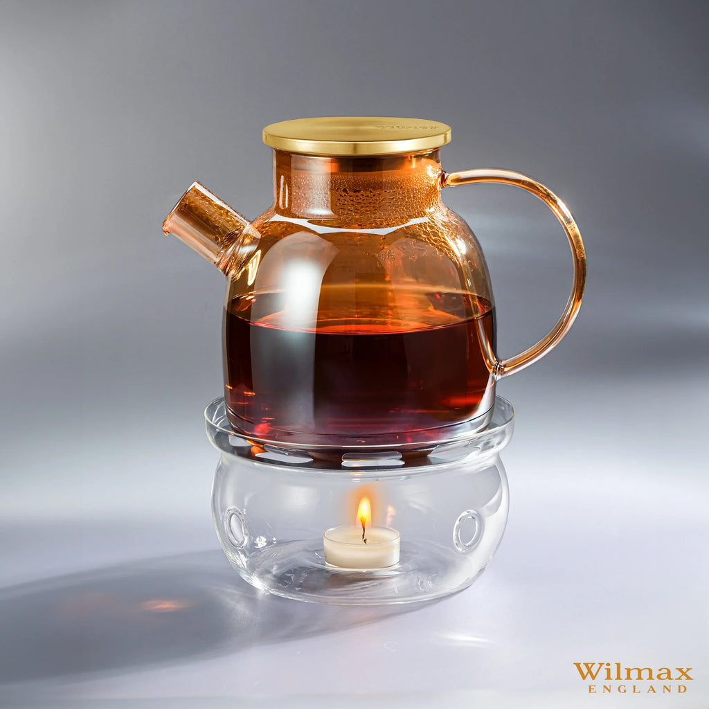 Wilmax Teekanne 1200 ml mit Federfilter und mit Edelstahldeckel Gold aus Thermoglas