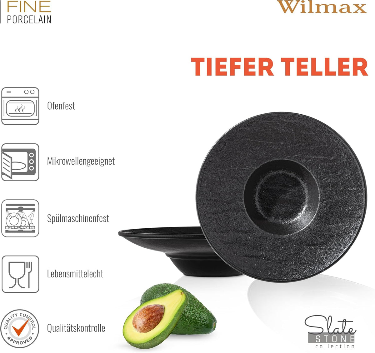 Wilmax Tiefer Teller 27 cm 250 ml 2er-Set Schwarz aus Porzellan