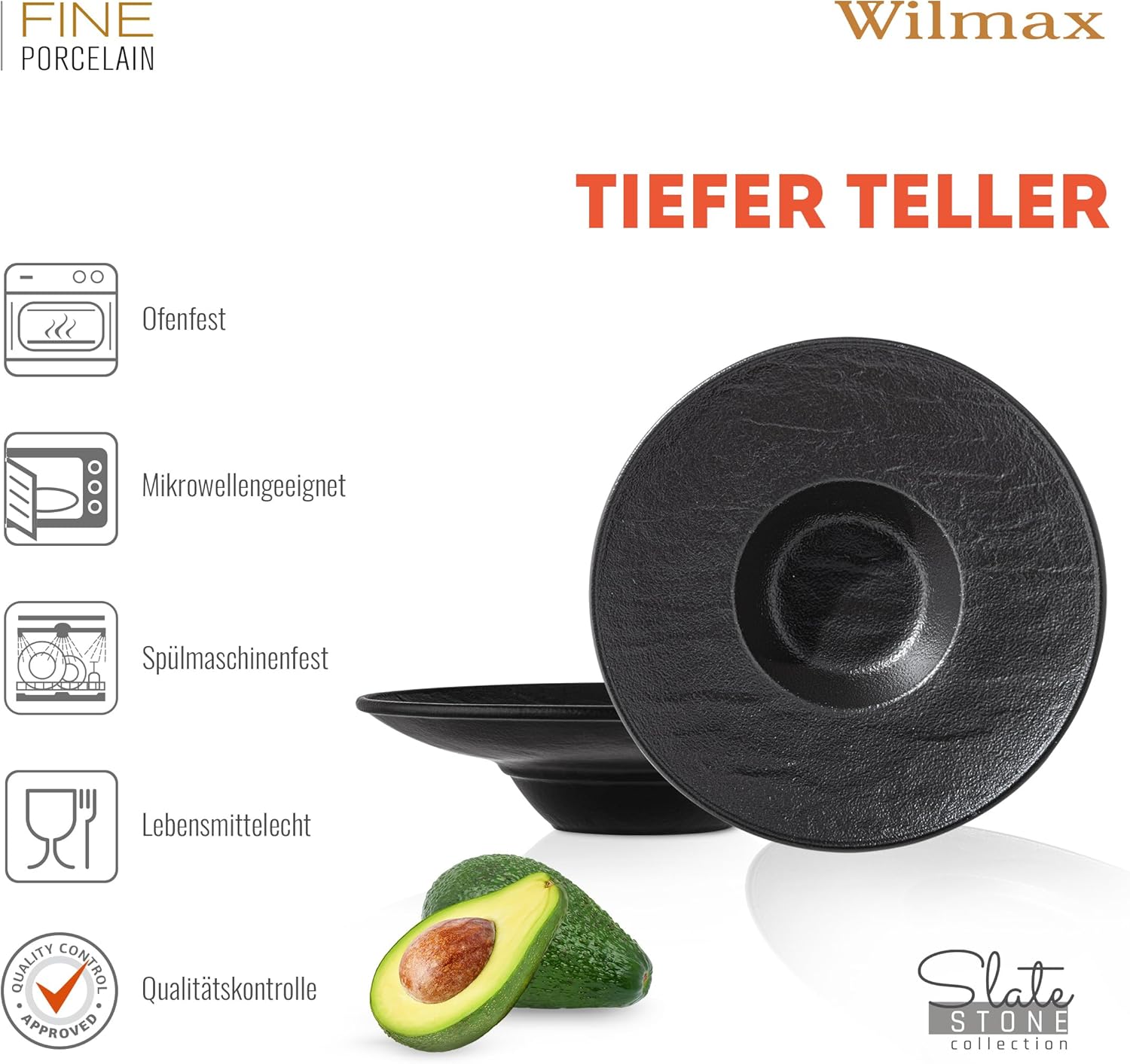 Wilmax Tiefer Teller 27 cm 250 ml 2er-Set Schwarz aus Porzellan