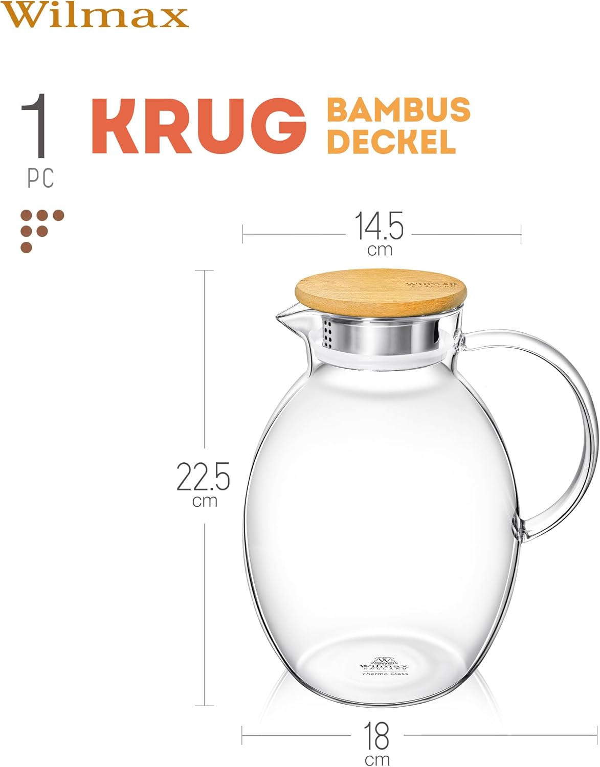 Wilmax Krug 1000 ml mit Edelstahldeckel und Filter Transparent aus Thermoglas
